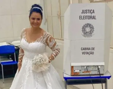 Empresária vota usando vestido de noiva