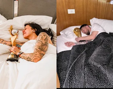 Foto de Hermoso deitada com a taça ao lado da foto parecida de Messi