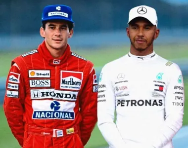 Lewis Hamilton em montagem ao lado de Ayrton Senna