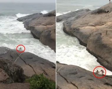 Bombeiros precisaram entrar no mar para salvar os dois turistas