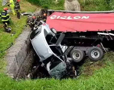 Após a colisão, o caminhão e o carro caíram em um barranco