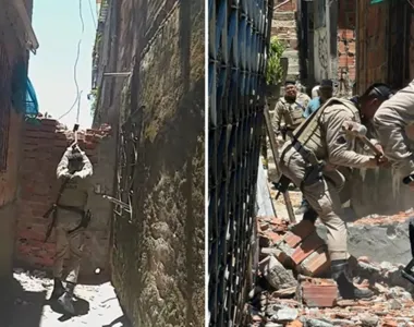 Assista: muro feito por traficantes é derrubado por policiais em Salvador