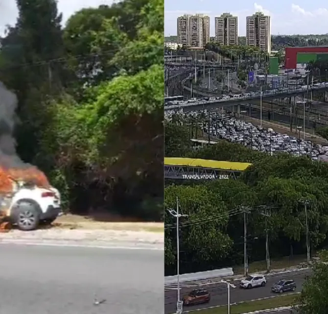 Imagem ilustrativa da imagem Vídeo: carro pega fogo e trava tudo na Avenida Paralela nesta quinta