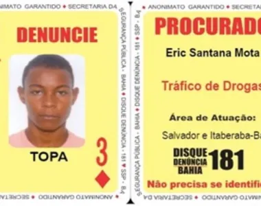 Conhecido pelo vulgo de ‘Topa’, Eric Santana Mota responde pelo ‘Três de Ouros’ do Baralho do Crime