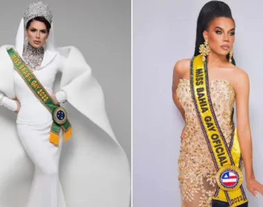 De branco a Miss Brasil Gay 2023 Muriel Lorenzoni; de dourado, a Miss Beleza Gay 2023, Andréia Ferraz