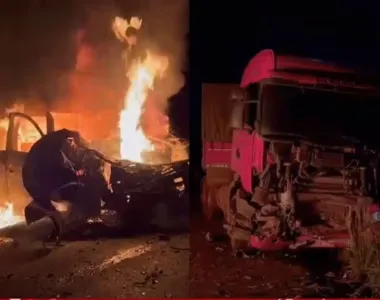 Carro se chocou com caminhão e pegou fogo na BR 242, próximo a cidade de Luís Eduardo Magalhães