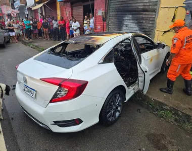 Carro pegou fogo ao bater em estabelecimento comercial