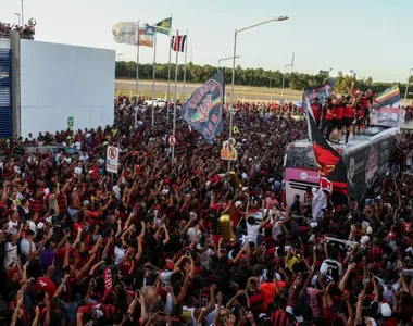 Jogadores do Vitória comemoram o acesso em meio a multidão de torcedores