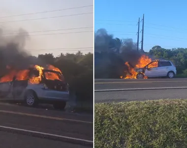 Carro pega fogo na Ilha de Itaparica