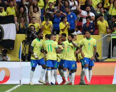 Jogadores do Brasil festejam gol sobre Peru