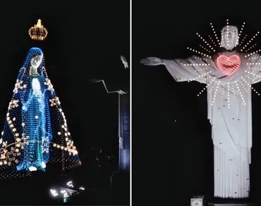 Imagem de Nossa Senhora Aparecida projetada ao lado do Cristo Redentor