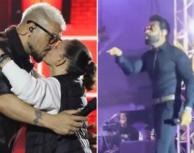 Belo recebe beijo de prefeito, enquanto Pablo xinga pessoa na plateia.