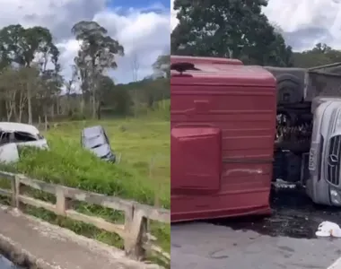 Caminhão-cegonha capotou na BR-101