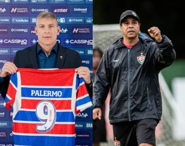 Martín Palermo, técnico do Fortaleza e Rodrigo Chagas, técnico do Vitória