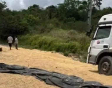 Carreta capotou nesta manhã de quarta-feira (21)