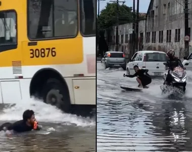 Homem é flagrado surfado em avenida alagada em Salvador