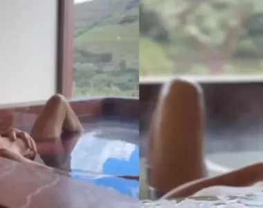 Leticia curtindo a banheira após vinoterapia