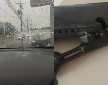 Estado que ficou para-brisa e fuzil do policial militar