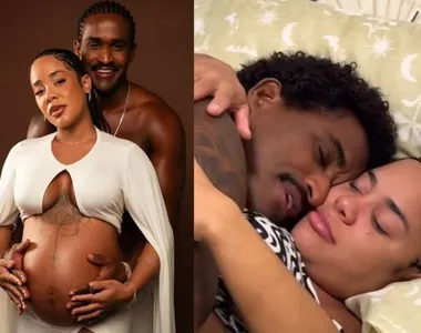 Lore e Murillo em ensaio fotográfico e durante 'pausa' das contrações