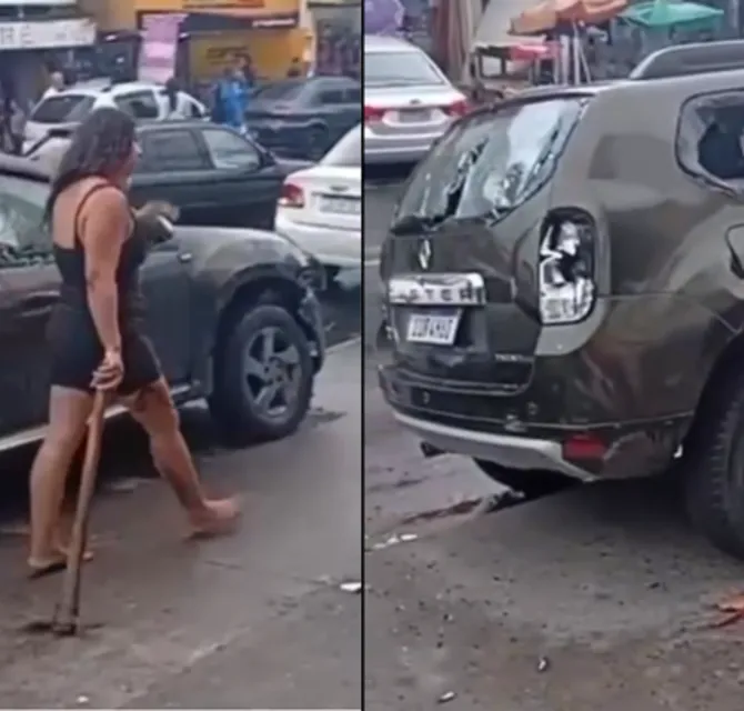 Imagem ilustrativa da imagem Vídeo: mulher é flagrada quebrando carro após suposto 'chifre'