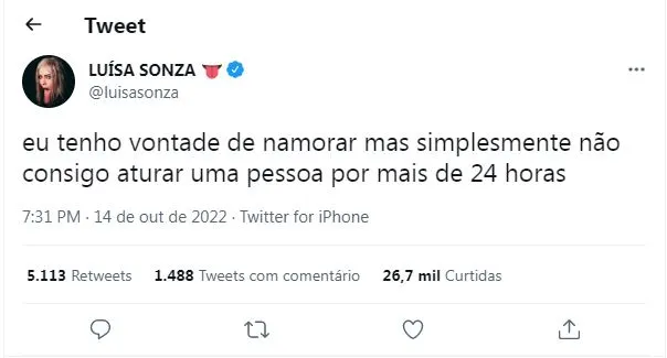 Tweet da artista sobre relacionamentos em sua rede social