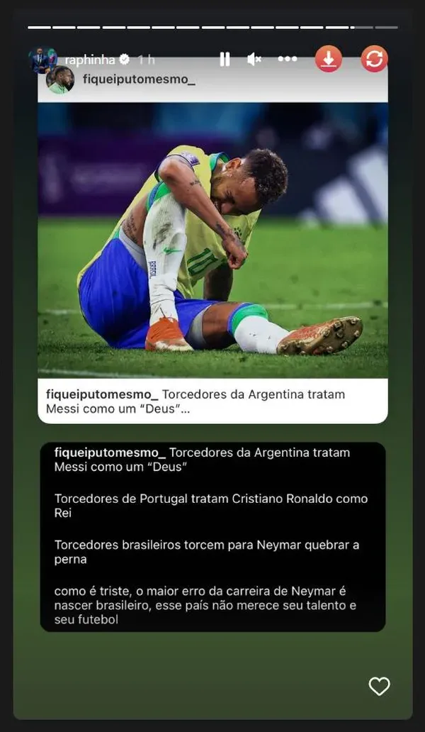 Imagem ilustrativa da imagem Raphinha rebate haters de Neymar: “Esse país não merece seu talento”