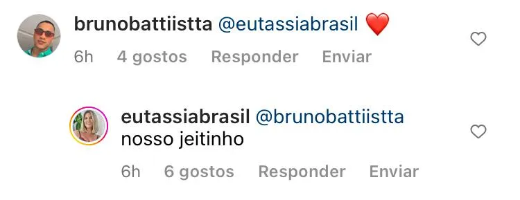Tassia e Bruno interagiram em um post romântico no Instagram