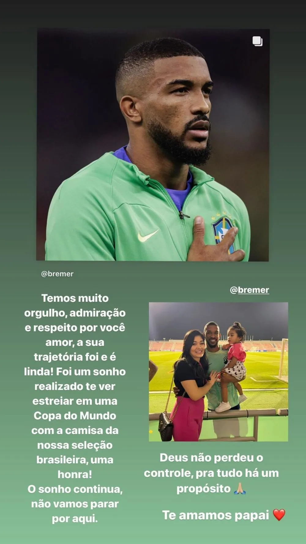 Esposa de Bremer homenageia marido nas redes sociais