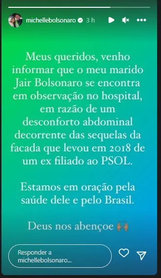 Imagem ilustrativa da imagem Michelle Bolsonaro atualiza estado de saúde do 'maridão'