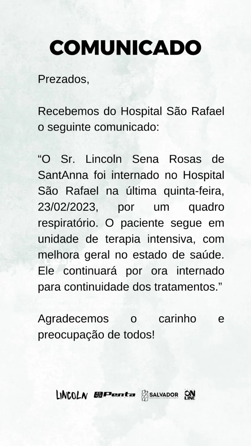 Imagem ilustrativa da imagem Lincoln apresenta melhora após ser internado com pneumomediastino