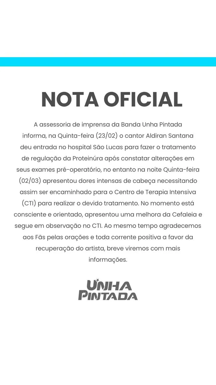 Imagem ilustrativa da imagem Vocalista da Unha Pintada apresenta melhora, aponta boletim médico