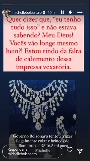 Imagem ilustrativa da imagem Michelle debocha após escândalo com joias: "Estou rindo"