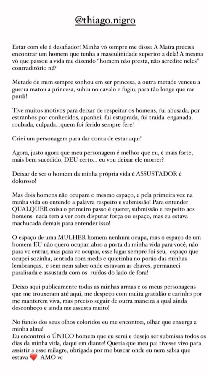 Declaração de Maíra Cardi ao namorado Thiago Nigro