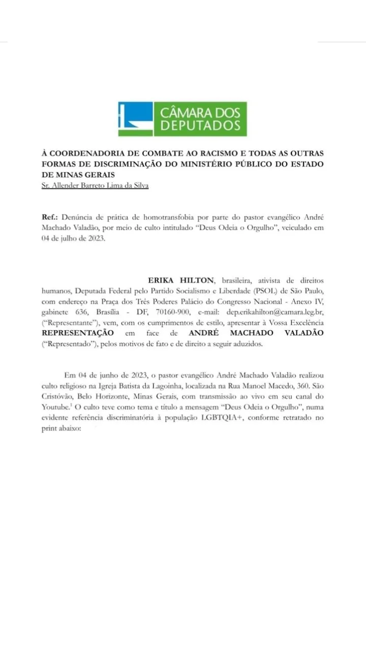 Erika Hilton (PSOL-SP) entrou com uma denúncia nesta segunda-feira (05)