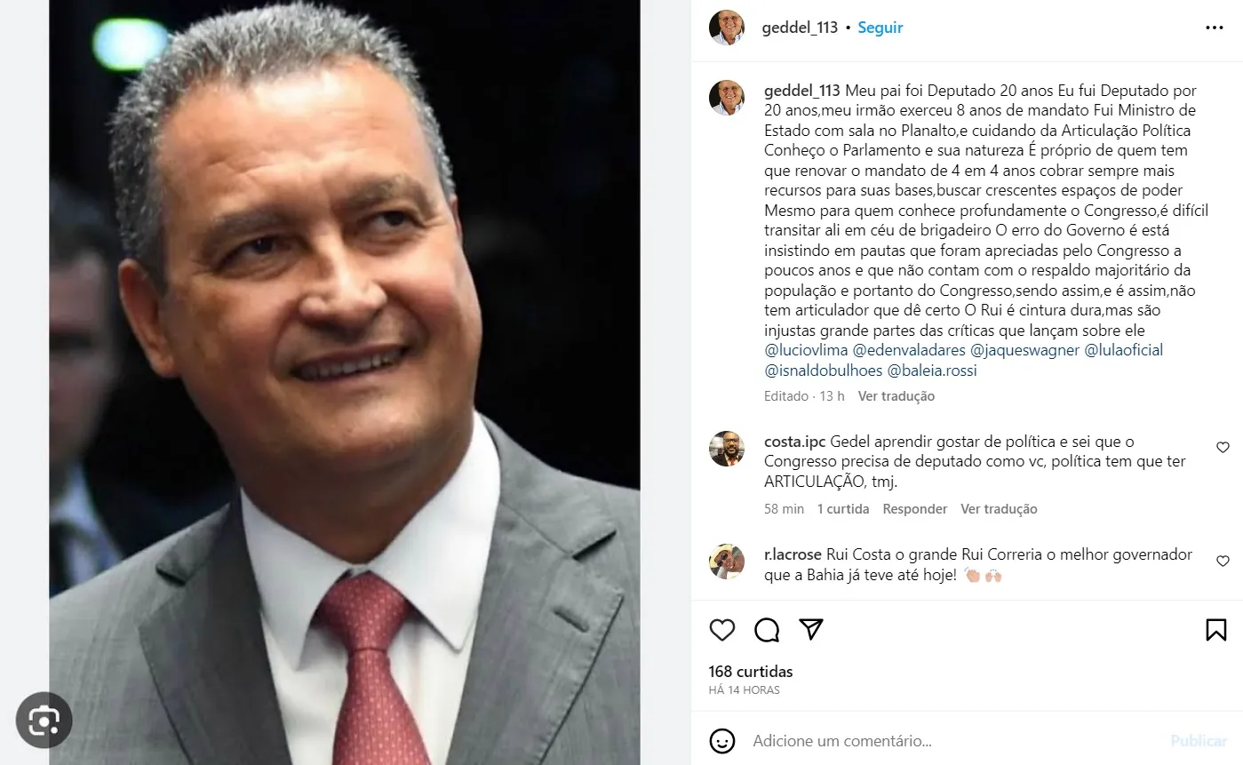 Geddel culpa governo por fritura sofrida por Rui Costa
