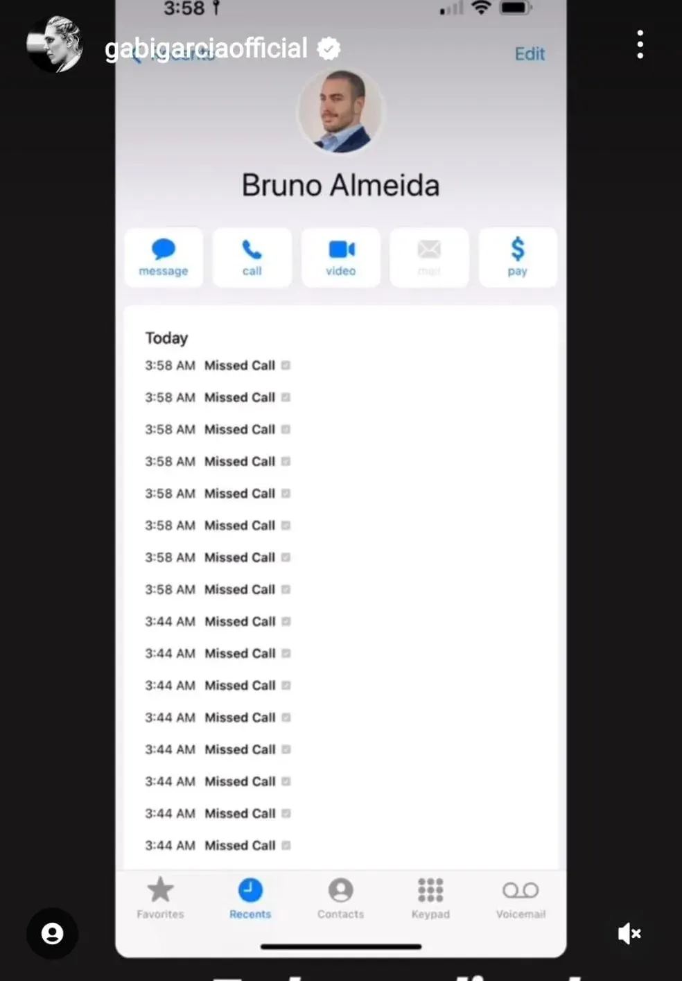 Print com ligações feitas de madrugada a Gabi Garcia