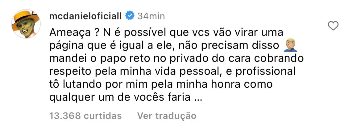 MC Daniel rebate publicação onde expõe áudio gravado para o jornalista