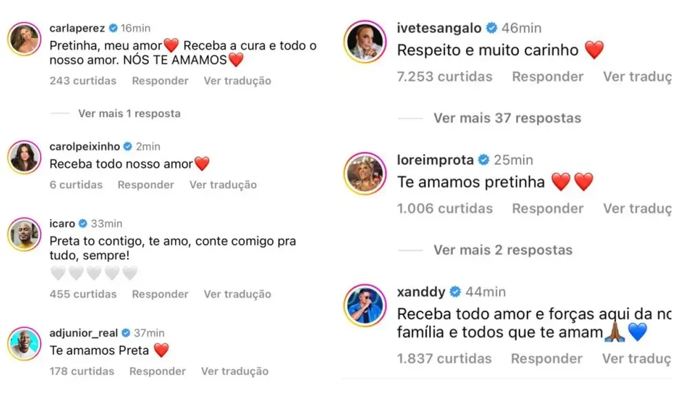 Mensagens dos amigos artistas na publicação da cantora