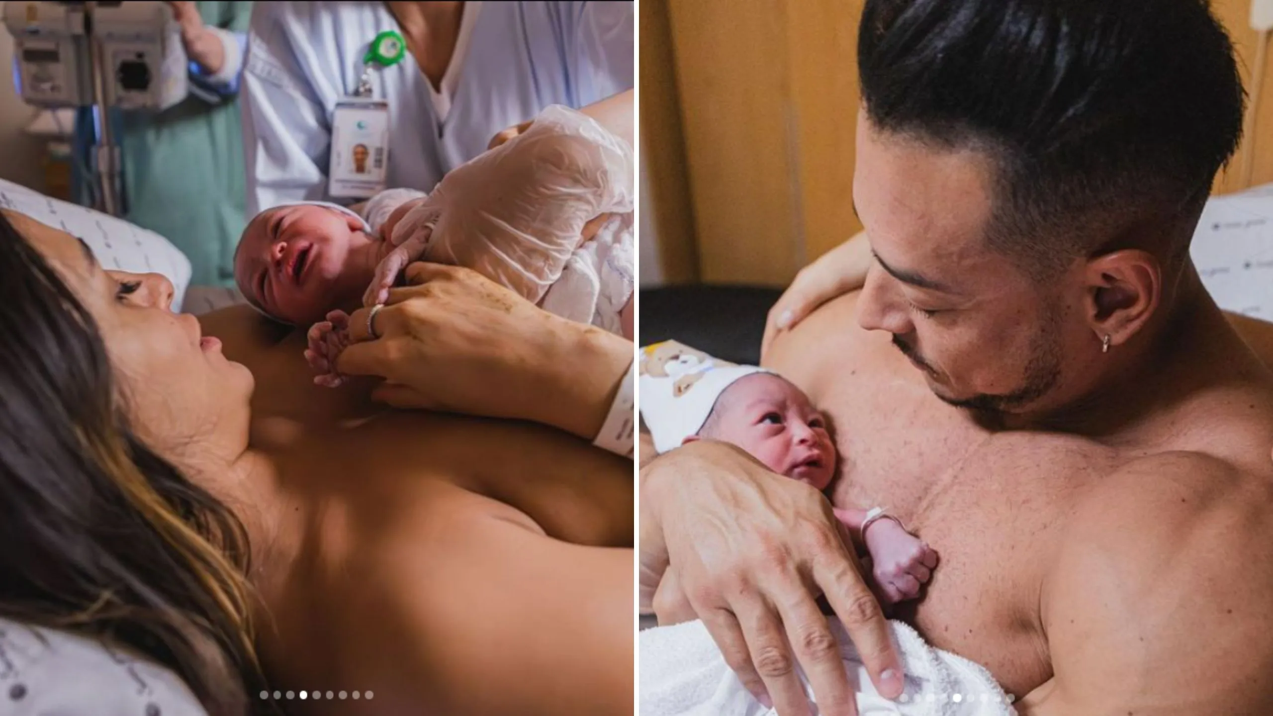 Pai e mãe segurando o filho após o nascimento
