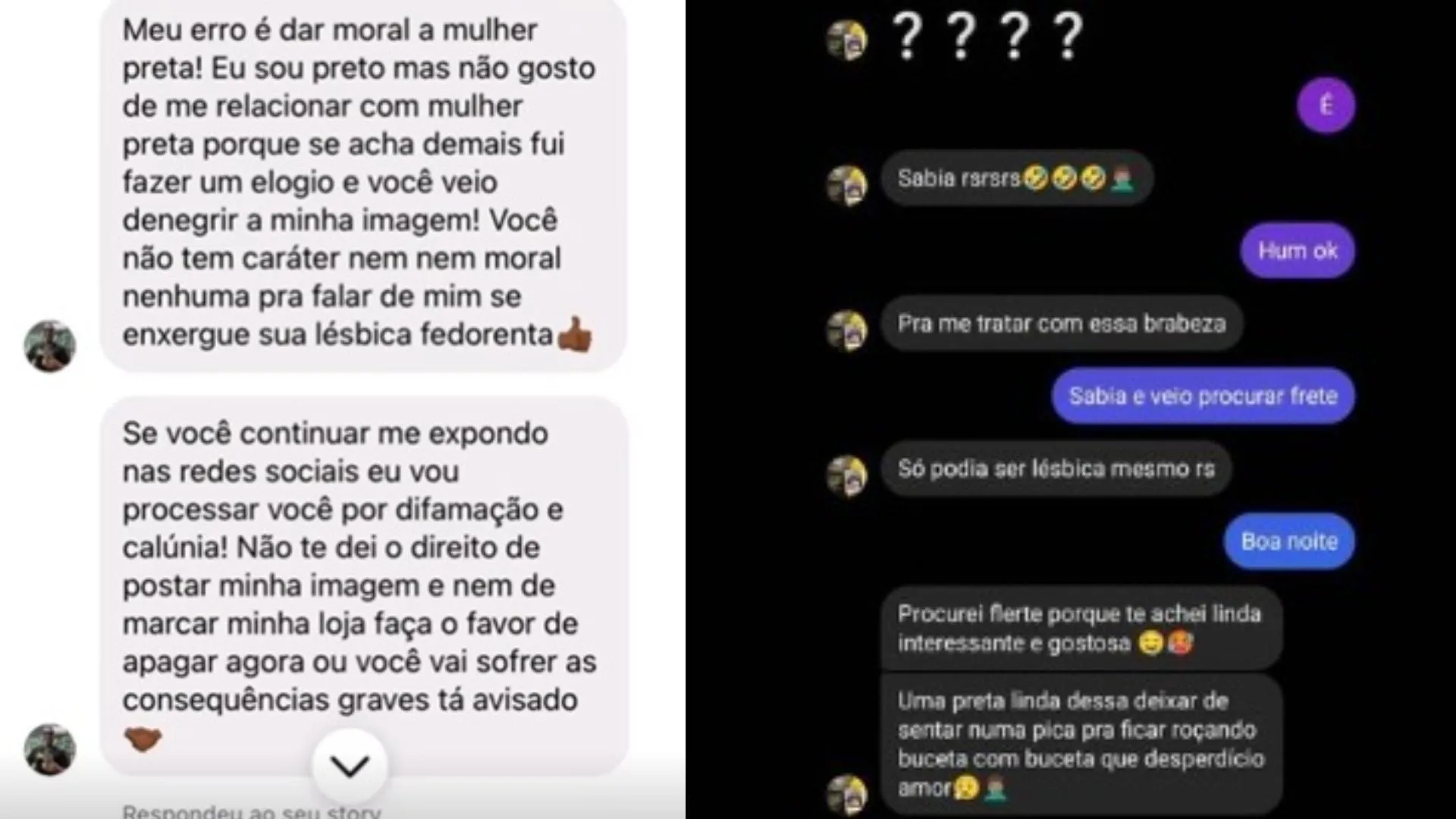 Prints da conversa de Josiel com a amiga e uma seguidora da Dama