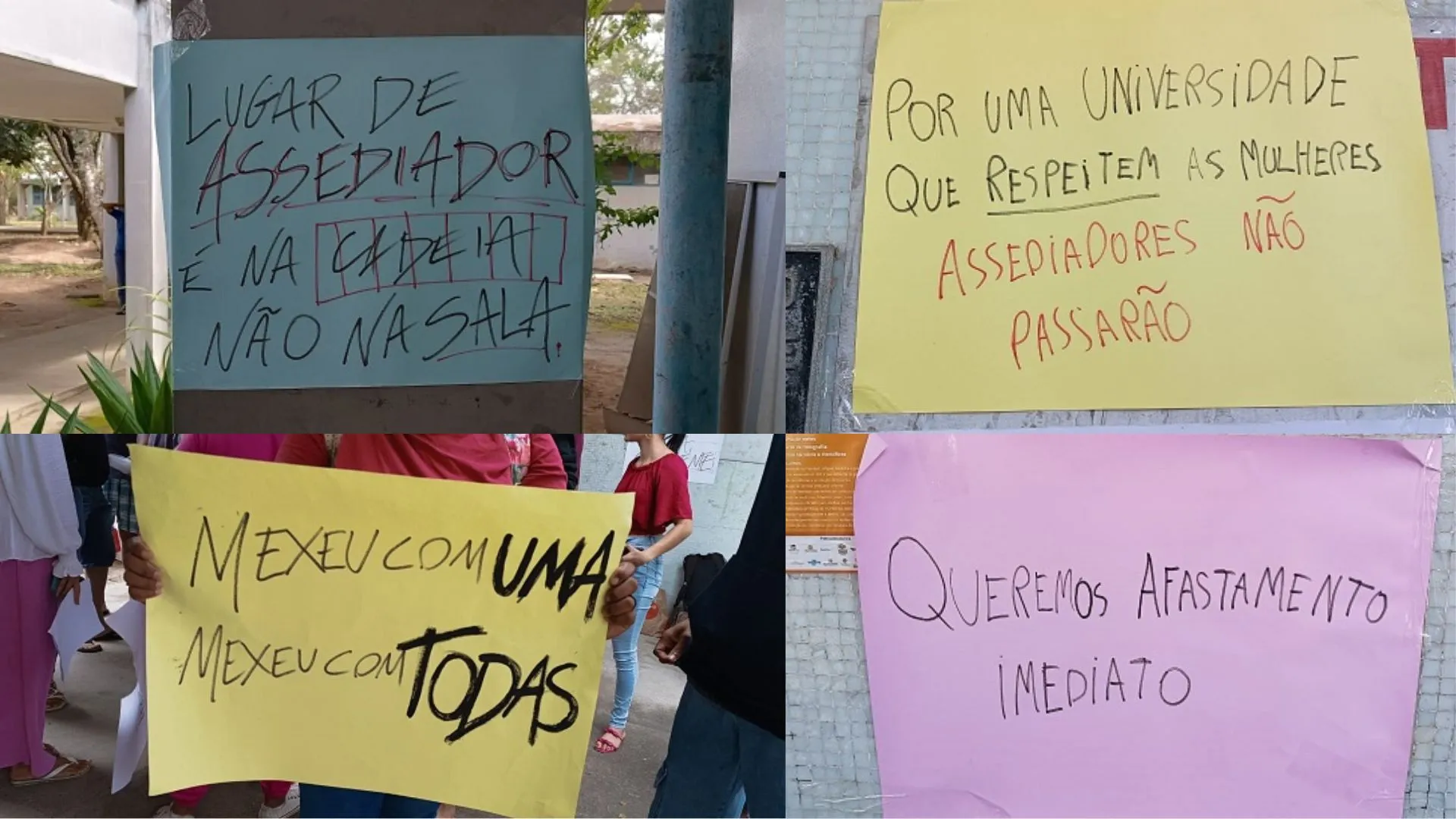 Cartazes expostos pelos estudantes no protesto