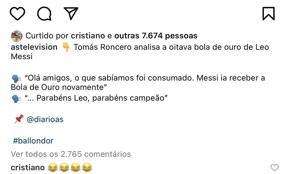 Imagem ilustrativa da imagem CR7 debocha nas redes sociais sobre bola de ouro de Messi