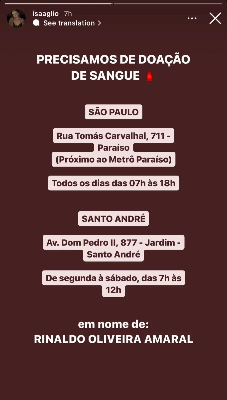 As doações estão sendo feitas em São Paulo e Santo André