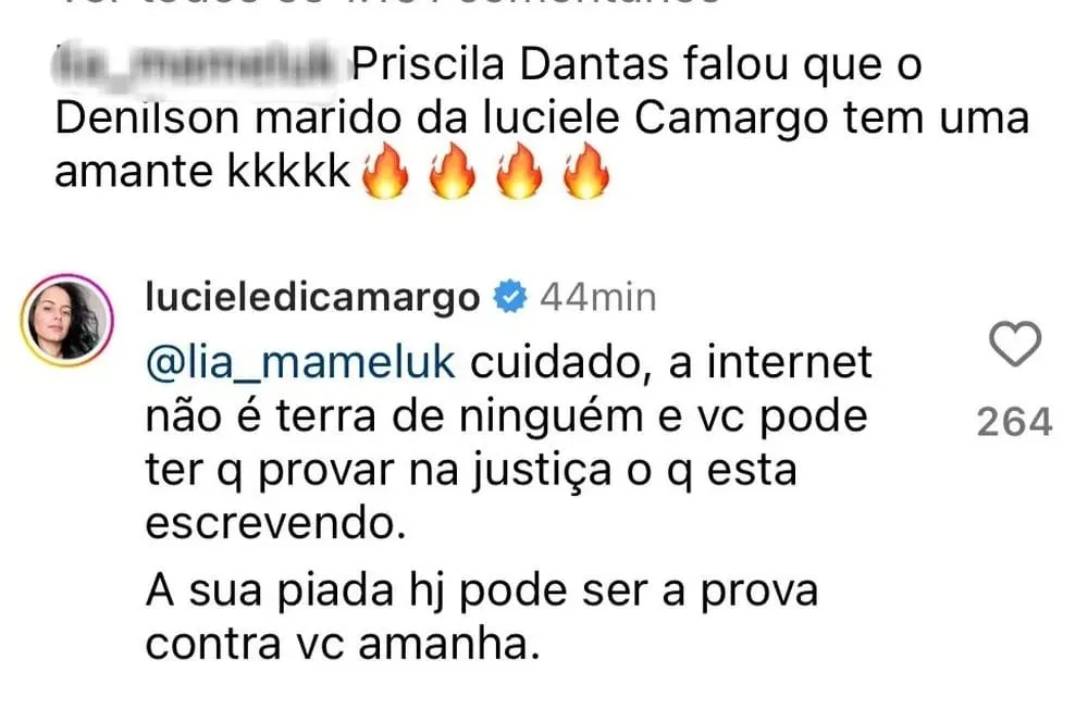 Luciele rebateu a internauta