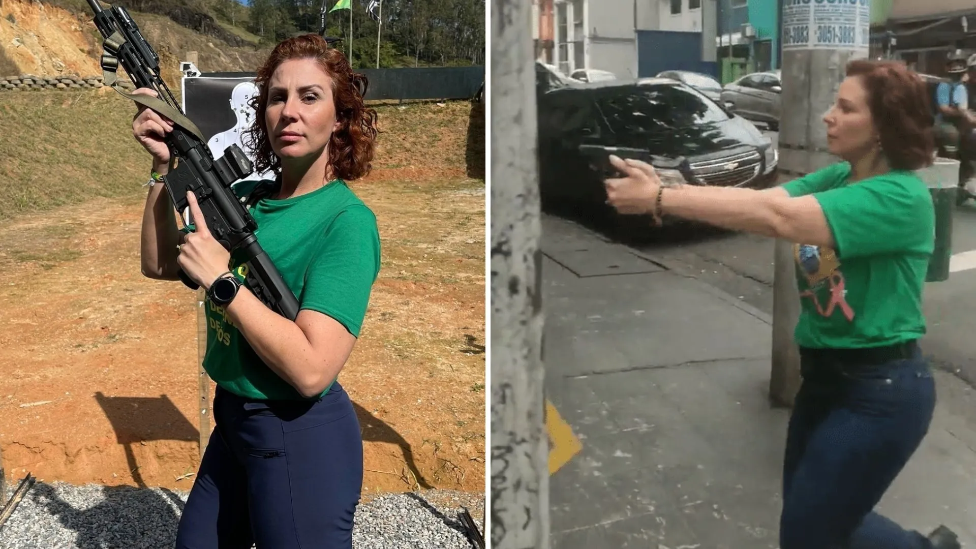 Carla Zambelli exibe armas nas redes sociais (à esq) e persegue jornalista em SP (à dir)