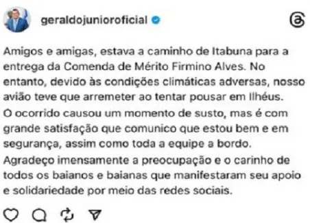 Geraldo Júnior relatou que ocorrido causou grande susto