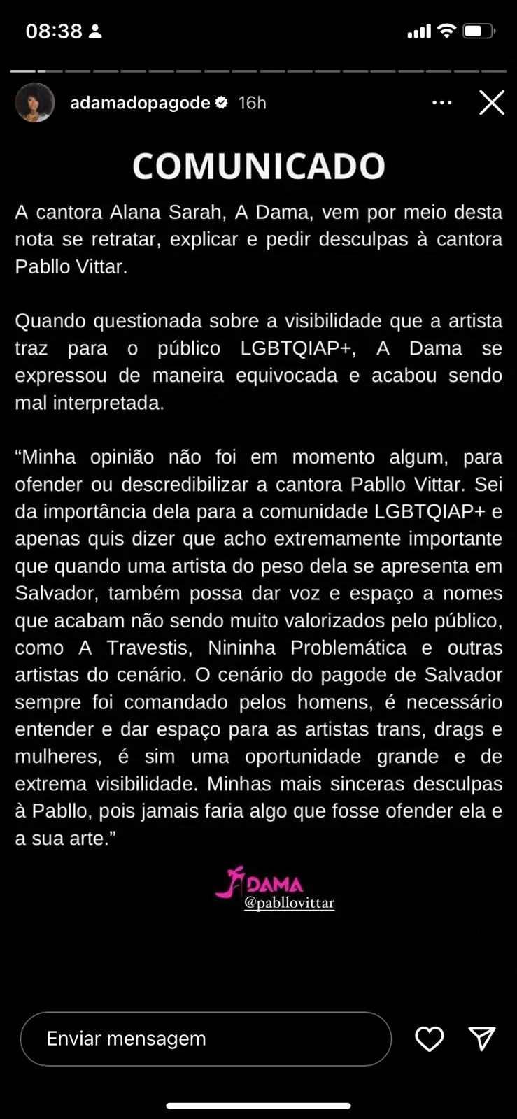 A Dama posta nota sobre Pabllo Vittar