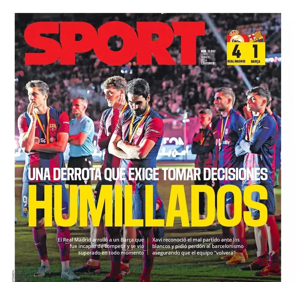 Jornal Sport detona atuação do Barcelona na final da Suoercopa