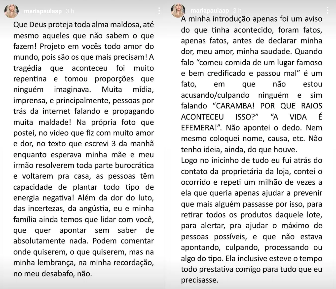 Maria Paulo desabafou sobre toda a mídia em cima do falecimento do pai e da avó