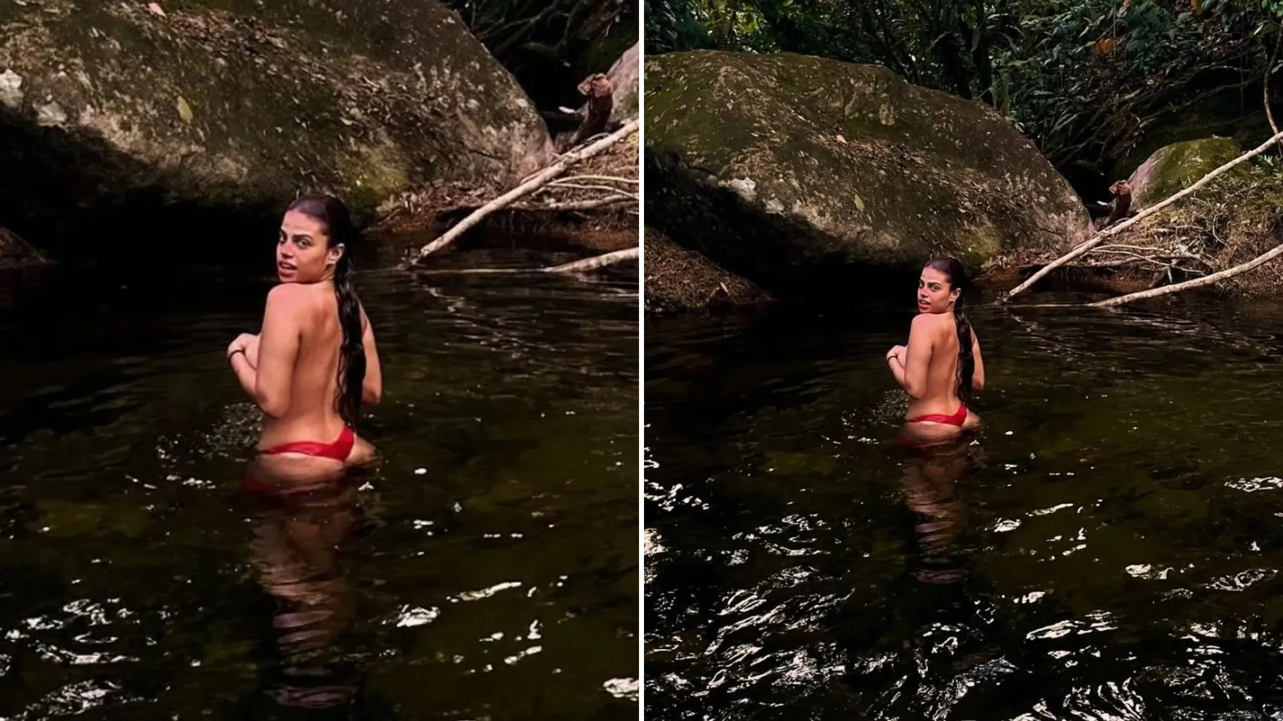 Clara Buarque tomando banho de cachoeira na Bahia